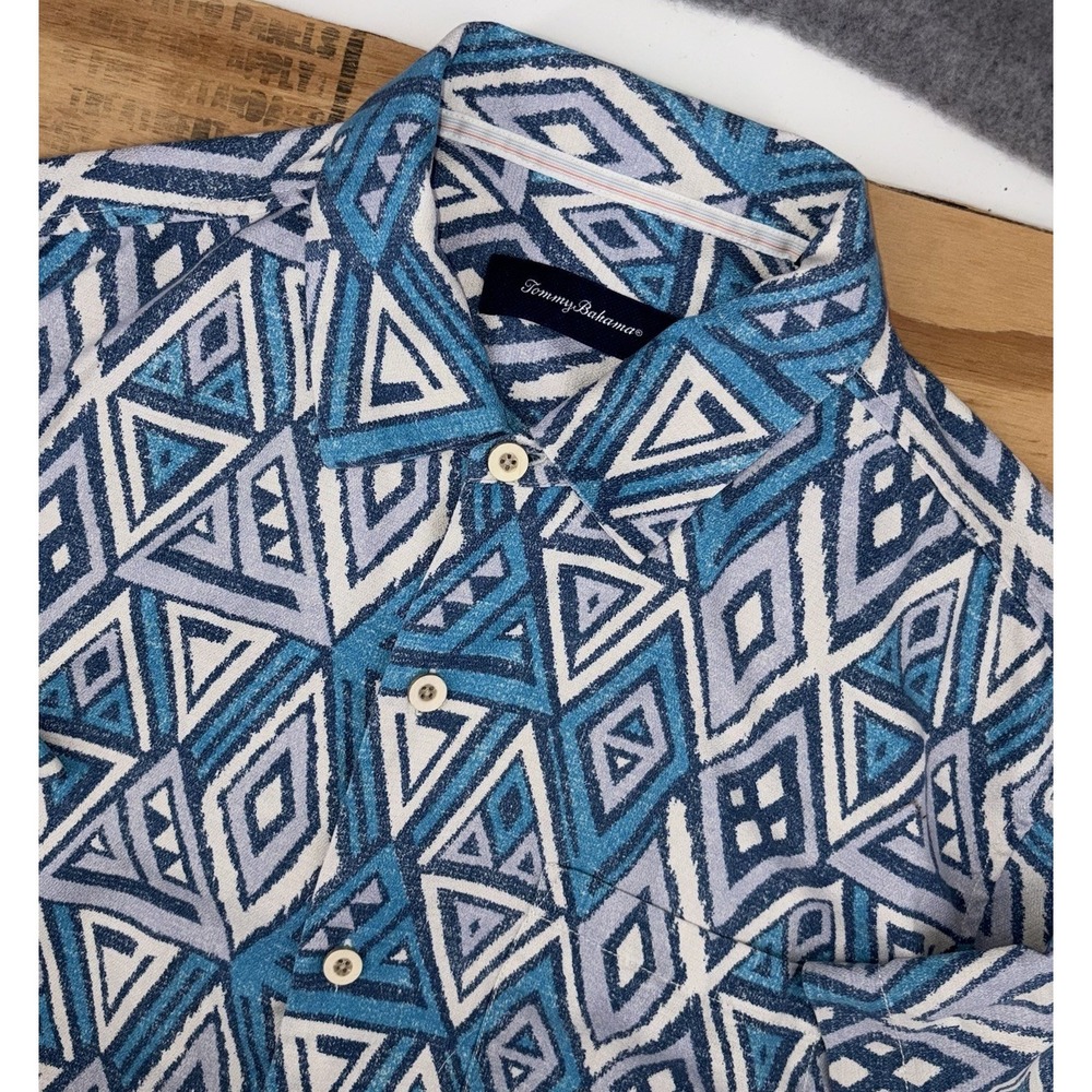 Tommy Bahama Mens Silk Blend Camp Button Up Large Geometric‎ Coconut Button